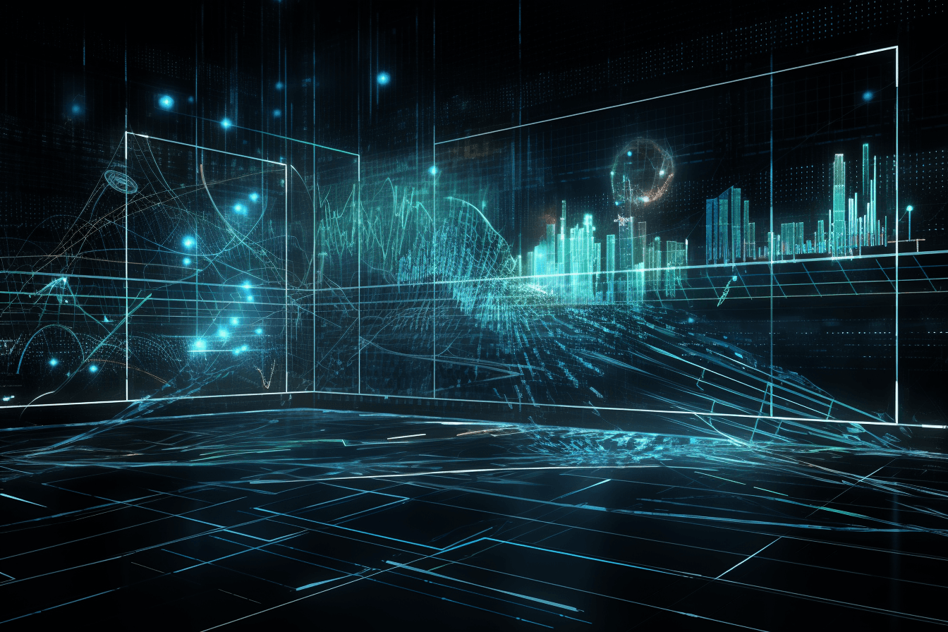 A wallpaper featuring a matrix of futuristic data visualizations and graphs