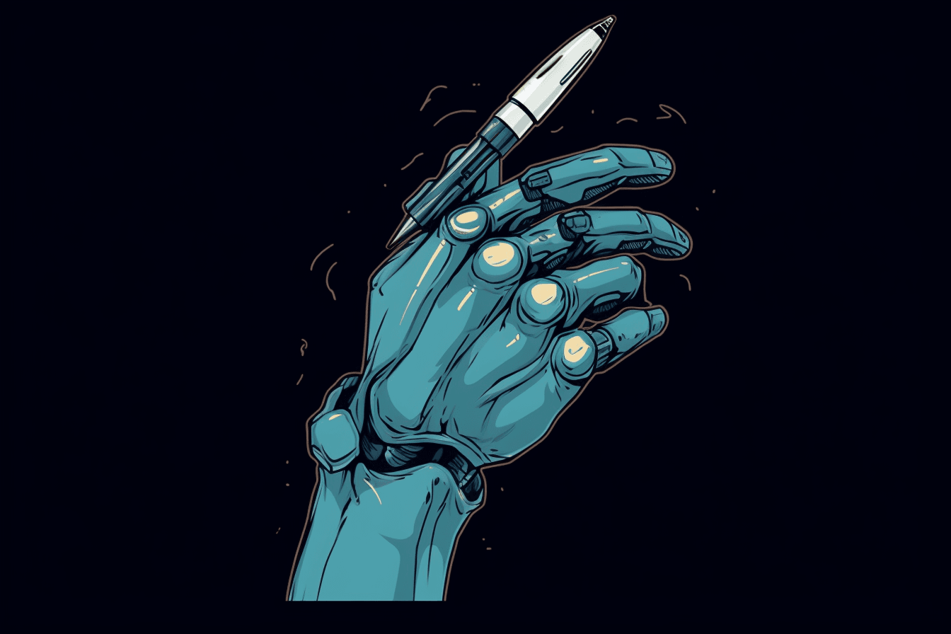 A wallpaper featuring a minimalist graphic of a robot hand holding a stylus or pen, with a space for taking notes or sketching ideas.