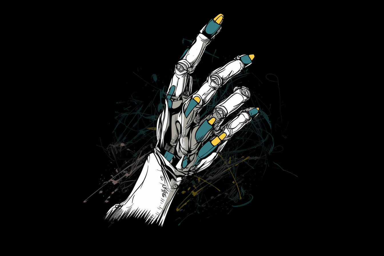 A wallpaper featuring a minimalist graphic of a robot hand holding a stylus or pen, with a space for taking notes or sketching ideas.