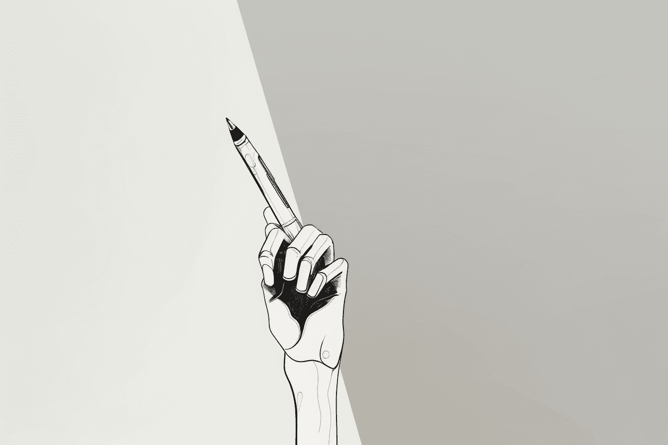 A wallpaper featuring a minimalist graphic of a robot hand holding a stylus or pen, with a space for taking notes or sketching ideas.