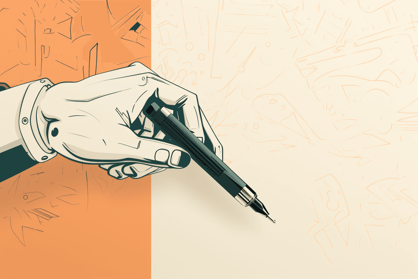 A wallpaper featuring a minimalist graphic of a robot hand holding a stylus or pen, with a space for taking notes or sketching ideas.