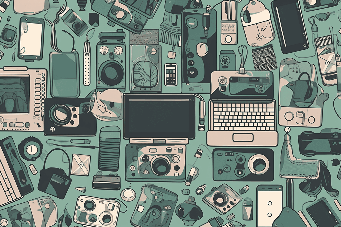 A wallpaper featuring a repeating pattern of sleek and modern digital devices, such as smartphones, tablets, and laptops.