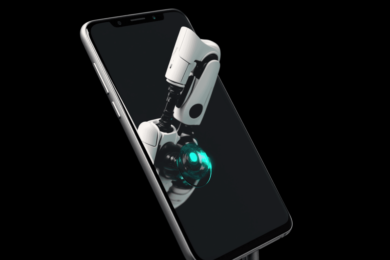 A wallpaper featuring a simple graphic of a robot arm holding a smartphone, with a space for placing important notifications or messages.