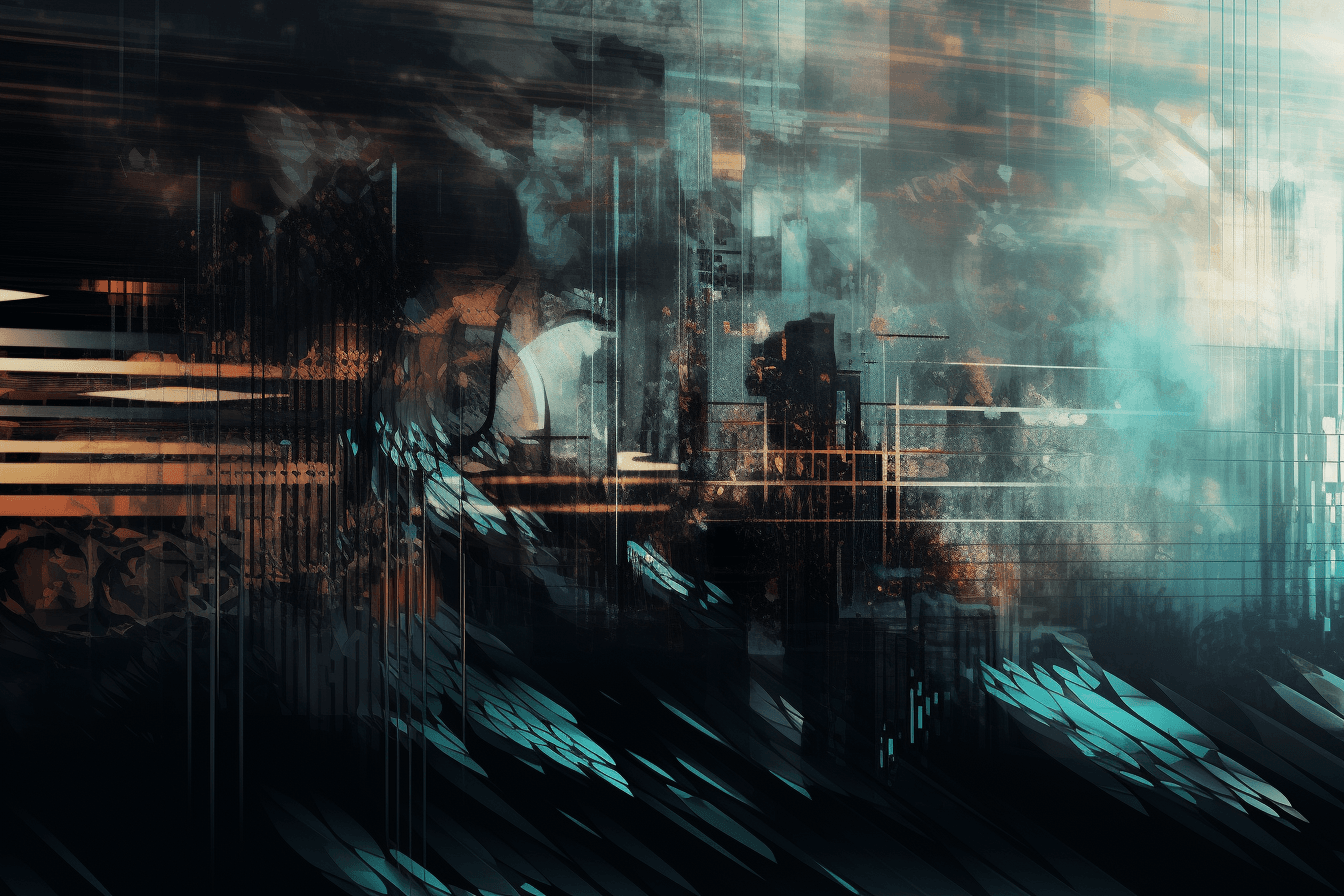 A wallpaper featuring a stylized illustration of a dystopian future, with metallic textures and digital glitch effects.