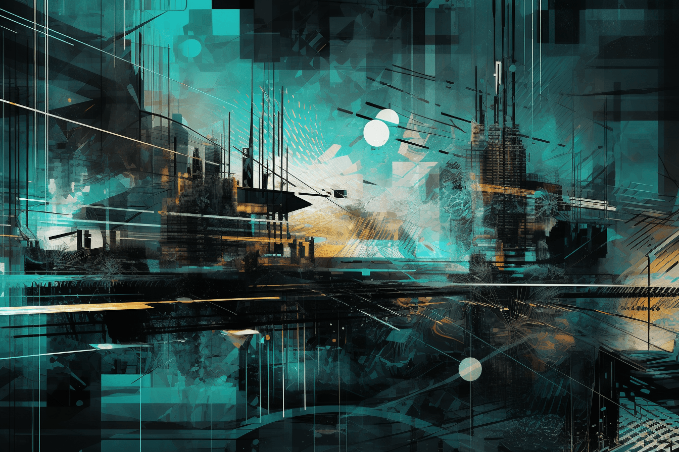 A wallpaper featuring a stylized illustration of a dystopian future, with metallic textures and digital glitch effects.