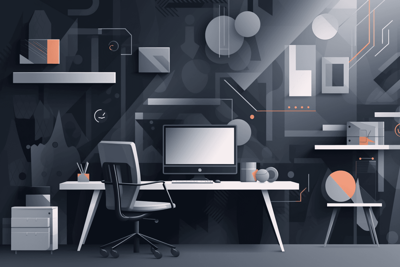 A wallpaper featuring a stylized illustration of a futuristic workspace, with a minimalist and modern design.