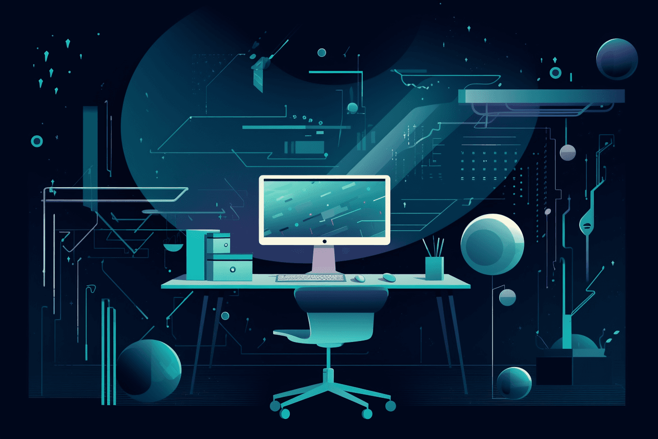 A wallpaper featuring a stylized illustration of a futuristic workspace, with a minimalist and modern design.