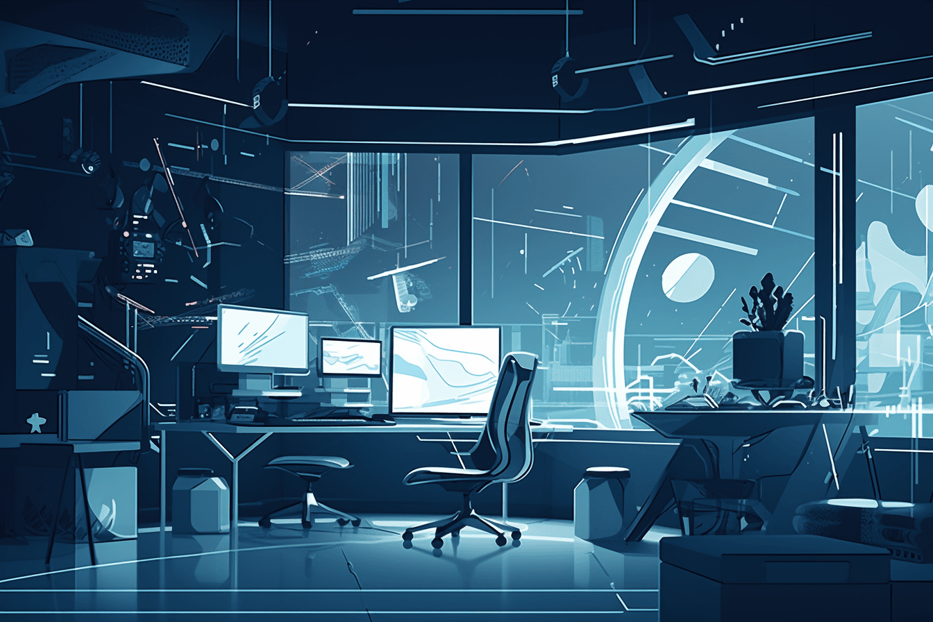 A wallpaper featuring a stylized illustration of a futuristic workspace, with a minimalist and modern design.