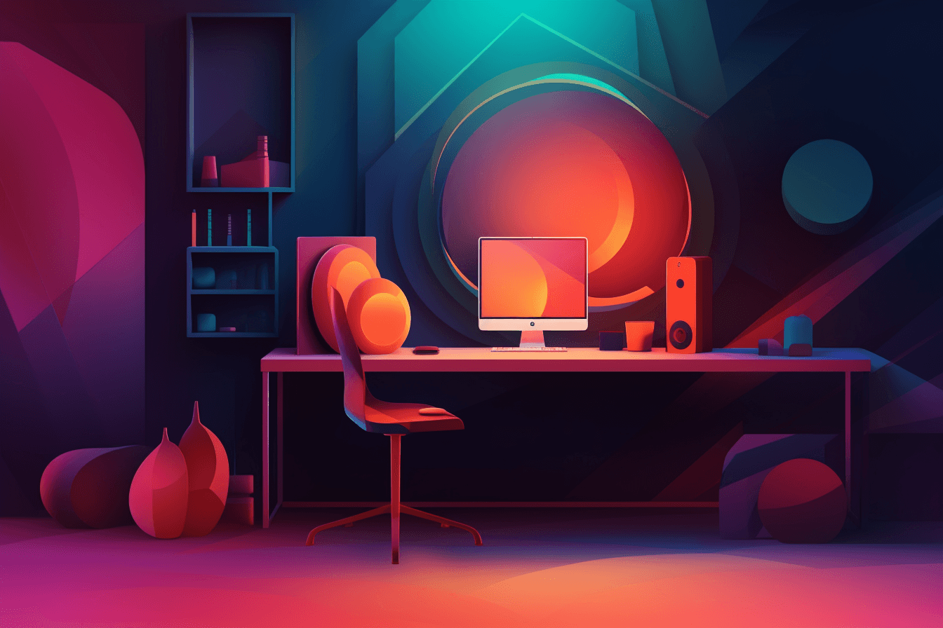 A wallpaper featuring a stylized illustration of a futuristic workspace, with a minimalist and modern design, set against a gradient background.