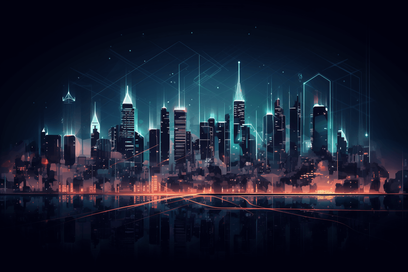 A wallpaper featuring an abstract illustration of a dark and futuristic cityscape, with glowing lights and skyscrapers.