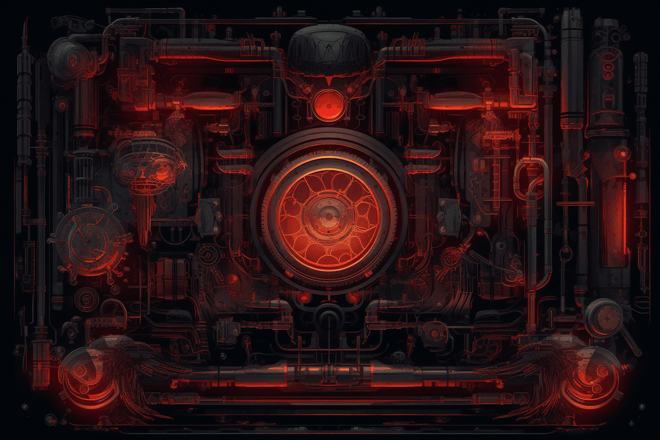 A wallpaper featuring an abstract illustration of a dark and ominous machine, with glowing red lights and mechanical parts.