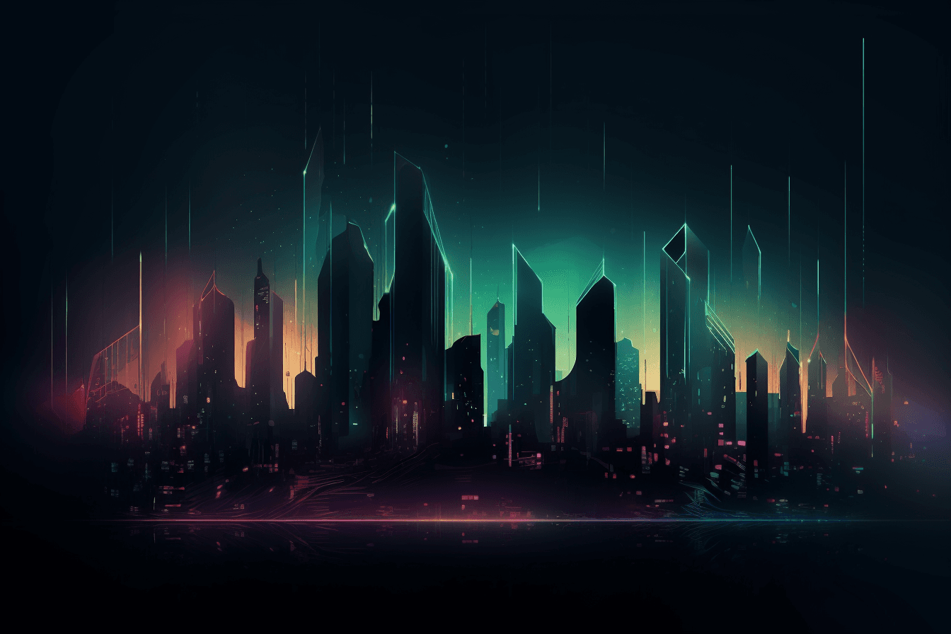 A wallpaper featuring an abstract illustration of a futuristic cityscape, with glowing lights and a dark and moody color scheme, set against a gradient background.