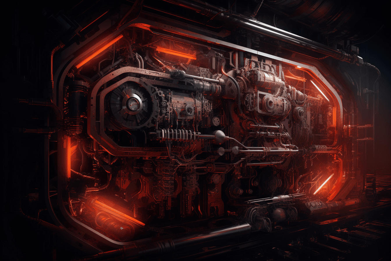 A wallpaper featuring an abstract illustration of a dark and ominous machine, with glowing red lights and mechanical parts.