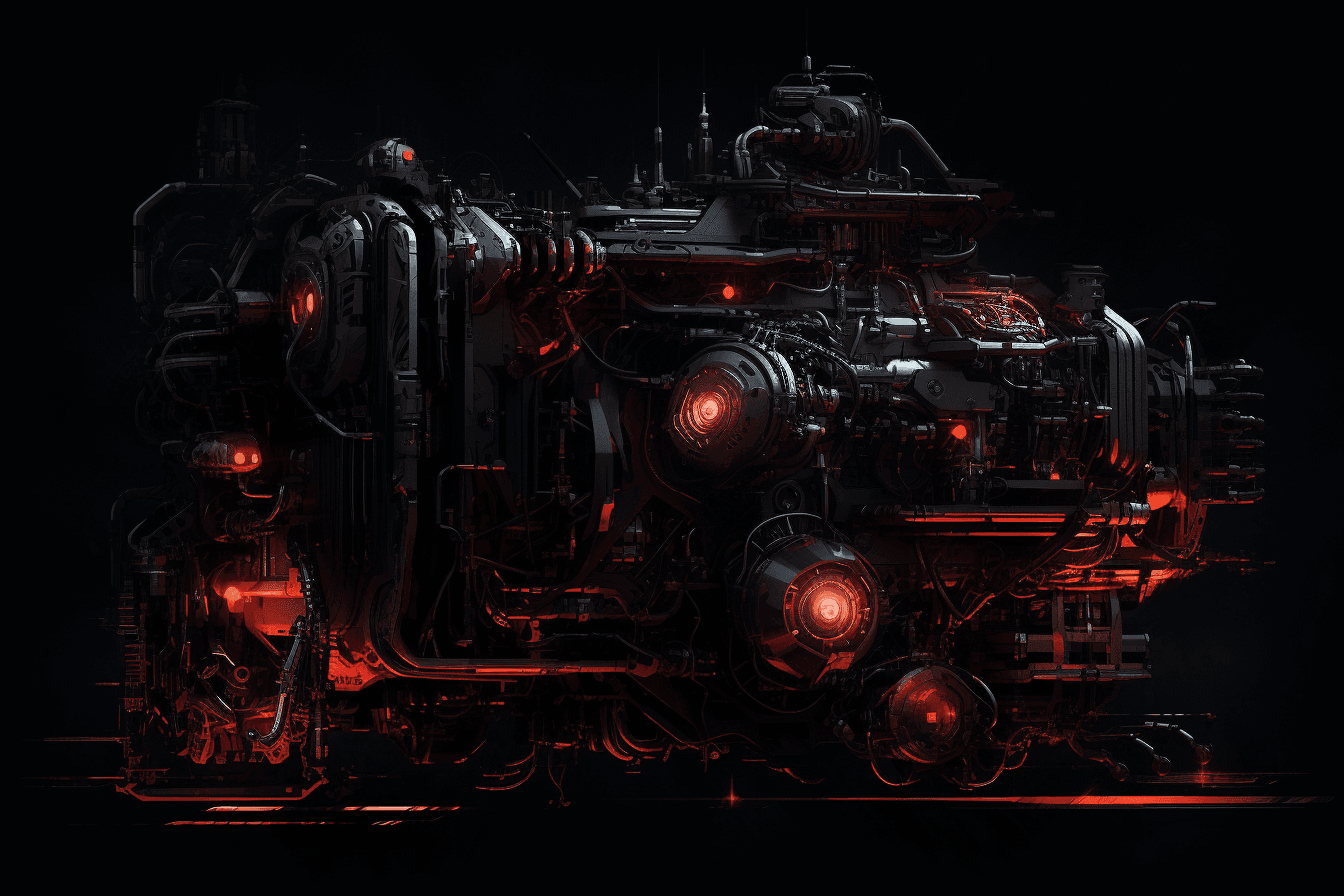 A wallpaper featuring an abstract illustration of a dark and ominous machine, with glowing red lights and mechanical parts.