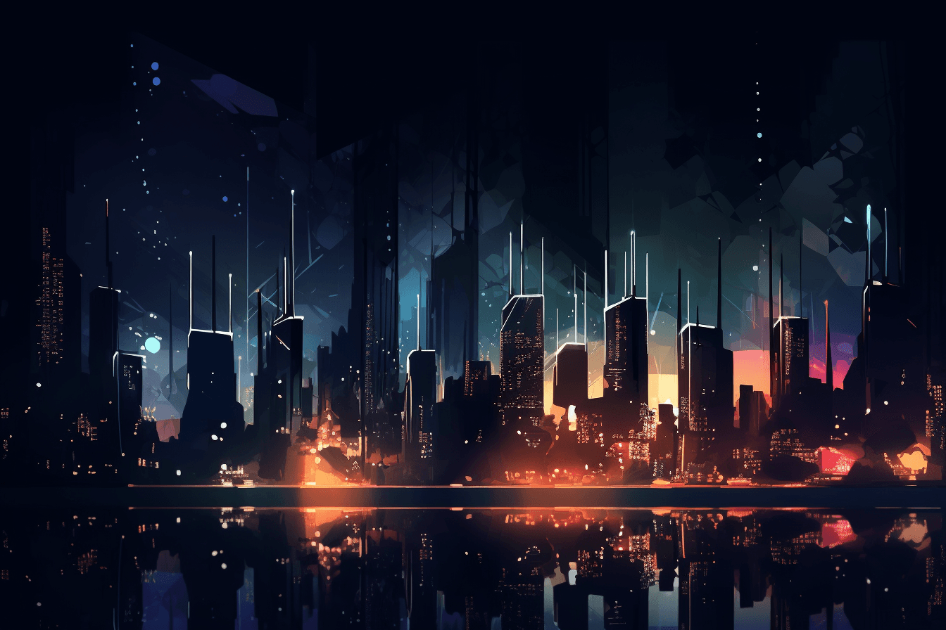 A wallpaper featuring an abstract illustration of a dark and futuristic cityscape, with glowing lights and skyscrapers.