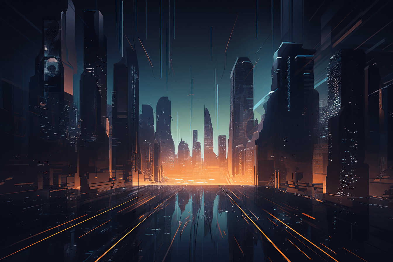 A wallpaper featuring an abstract illustration of a dark and futuristic cityscape, with glowing lights and skyscrapers.