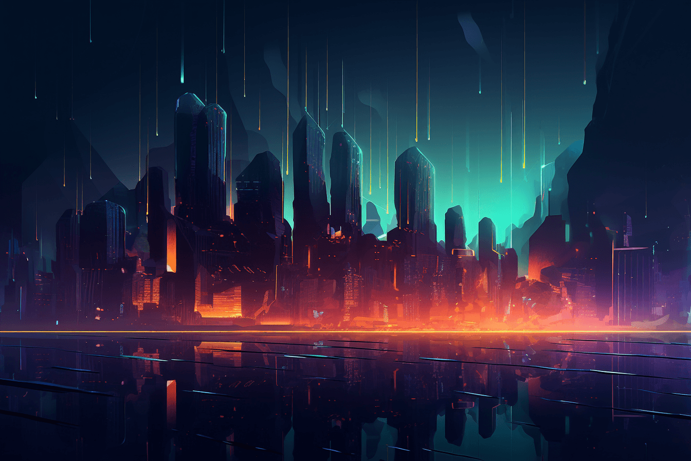 A wallpaper featuring an abstract illustration of a dark and futuristic cityscape, with glowing lights and skyscrapers.