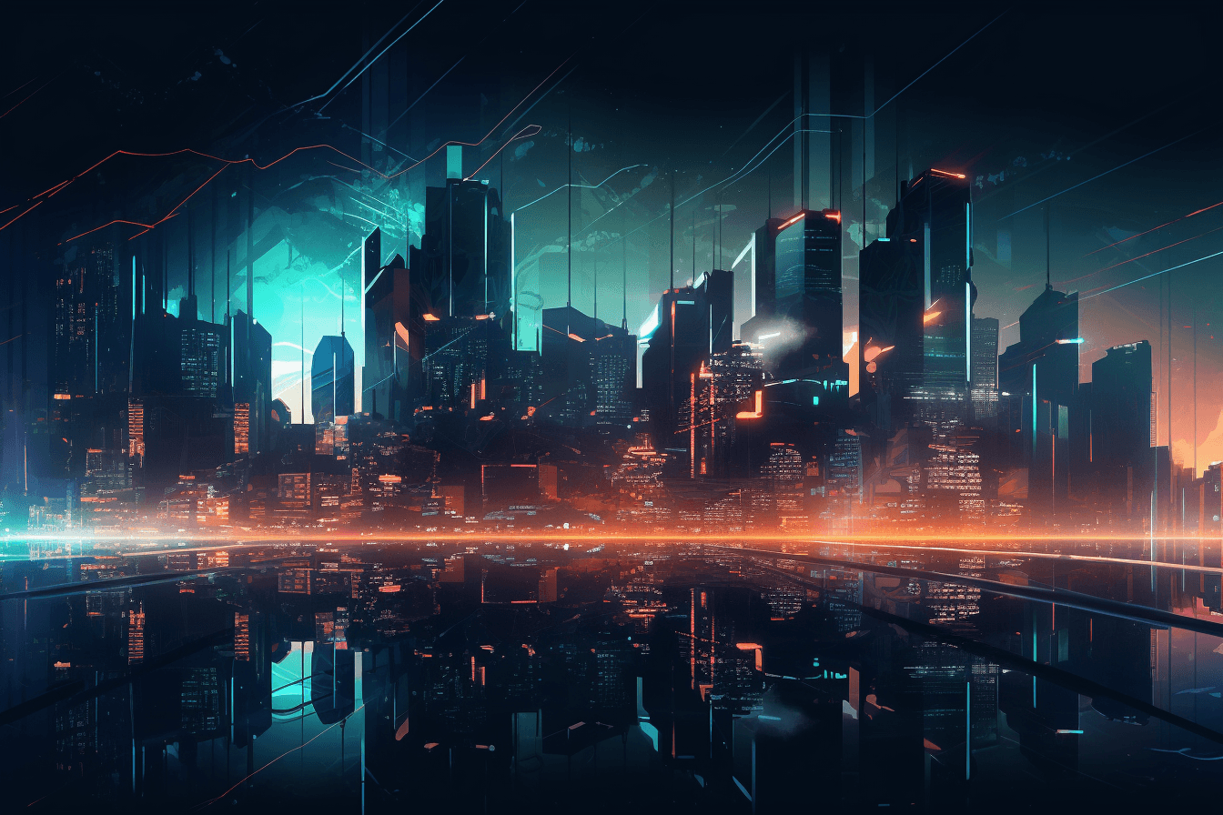 A wallpaper featuring an abstract illustration of a dark and futuristic cityscape, with glowing lights and skyscrapers.