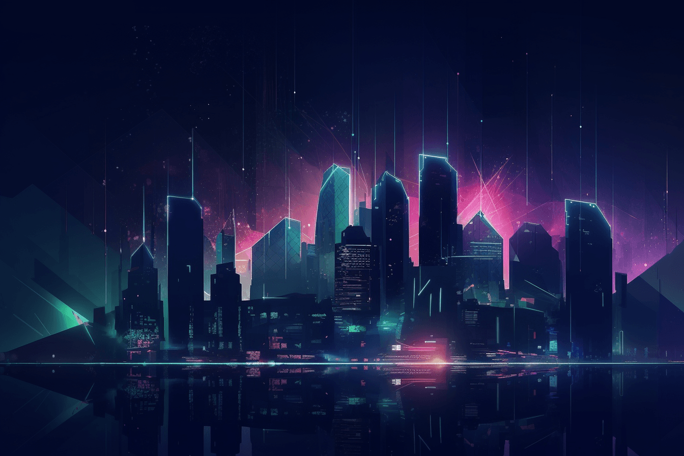 A wallpaper featuring an abstract illustration of a dark and futuristic cityscape, with glowing lights and skyscrapers.