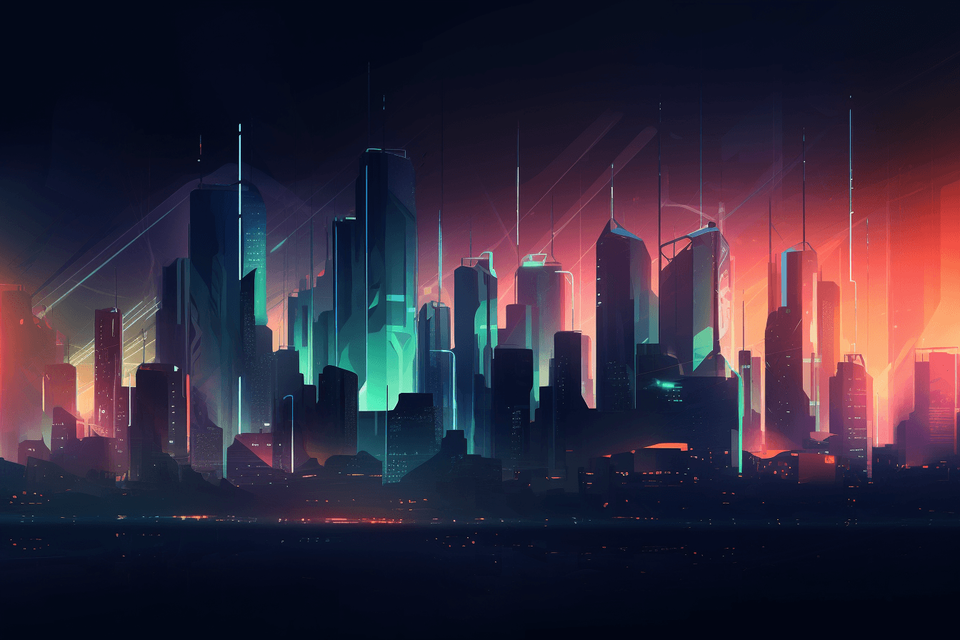 A wallpaper featuring an abstract illustration of a futuristic cityscape, with glowing lights and a dark and moody color scheme, set against a gradient background.