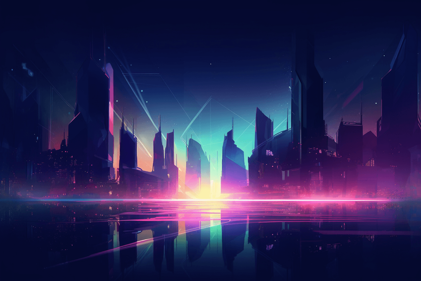 A wallpaper featuring an abstract illustration of a futuristic cityscape, with glowing lights and a dark and moody color scheme, set against a gradient background.