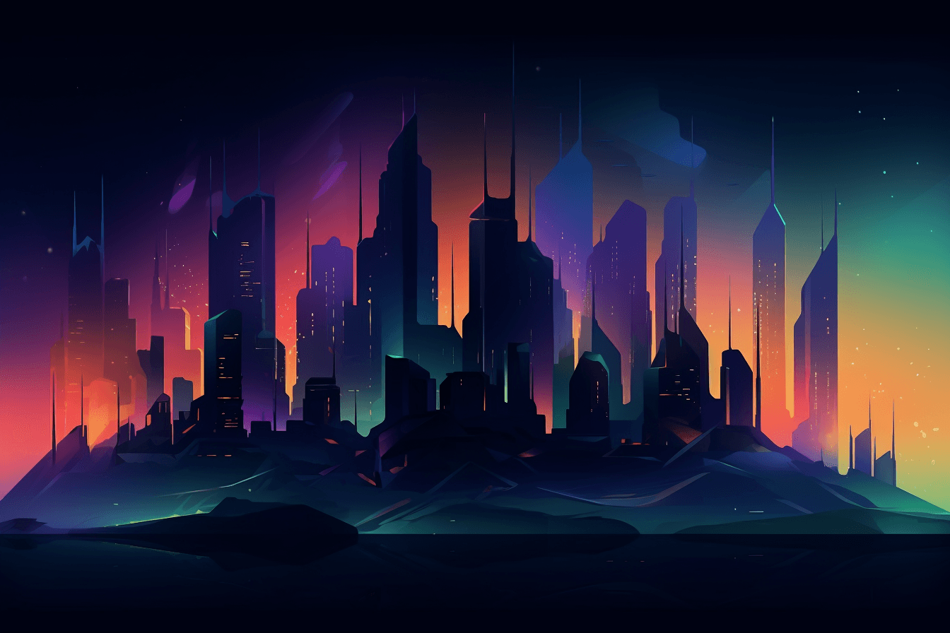 A wallpaper featuring an abstract illustration of a futuristic cityscape, with glowing lights and a dark and moody color scheme, set against a gradient background.