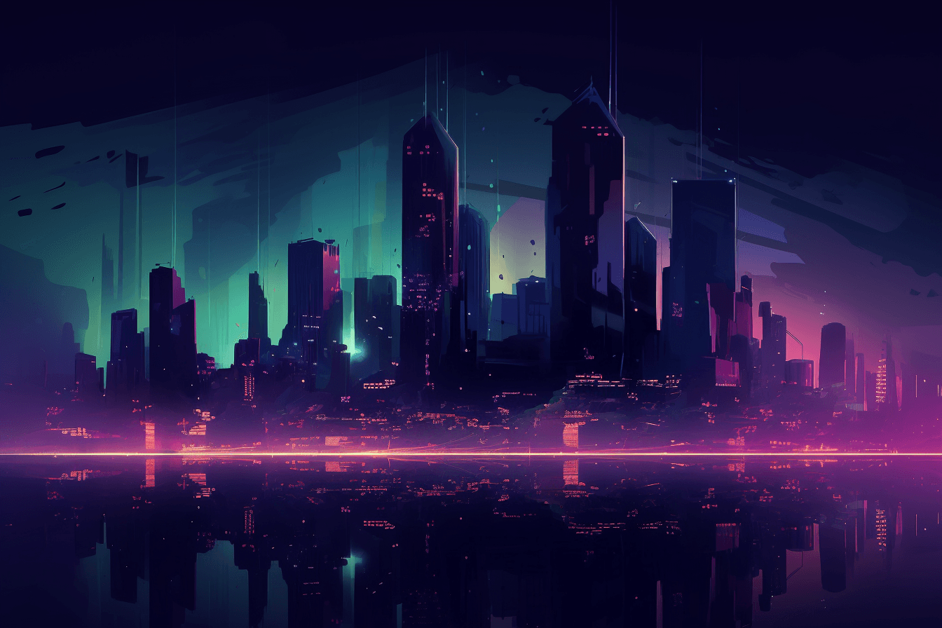 A wallpaper featuring an abstract illustration of a futuristic cityscape, with glowing lights and a dark and moody color scheme, set against a gradient background.