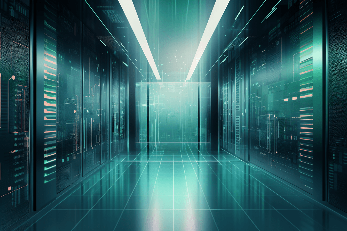 A wallpaper featuring an abstract illustration of a futuristic data center, with sleek and modern graphics and a minimalist color scheme.