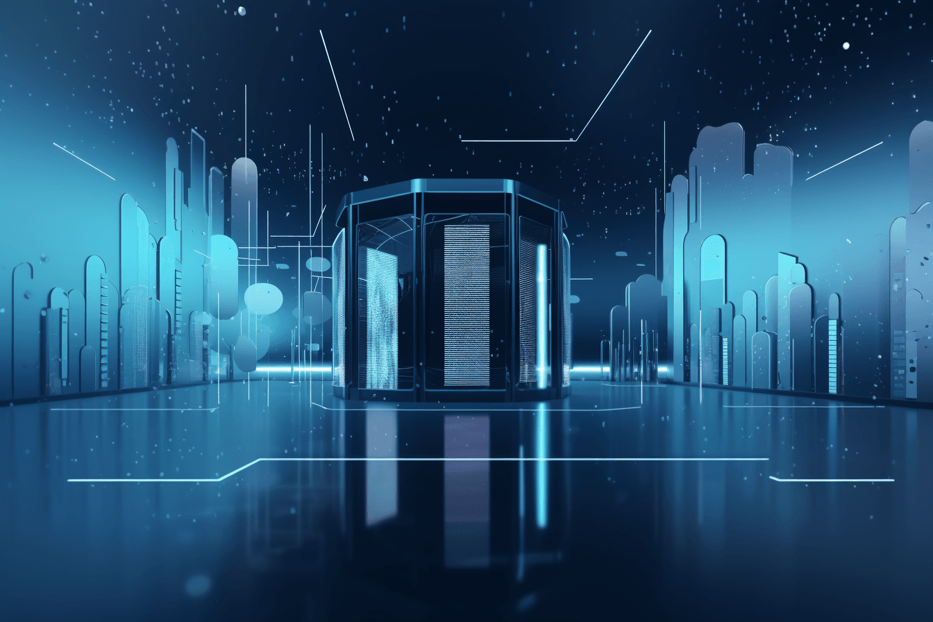 A wallpaper featuring an abstract illustration of a futuristic data center, with sleek and modern graphics and a minimalist color scheme.