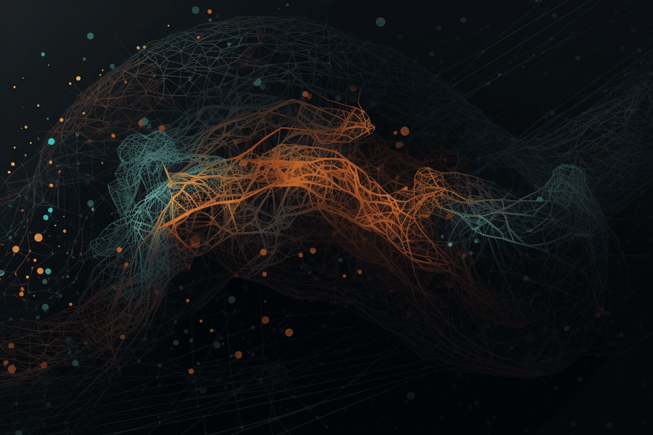 A wallpaper featuring an abstract illustration of an AI neural network, with intricate lines and a dark and technological color palette.