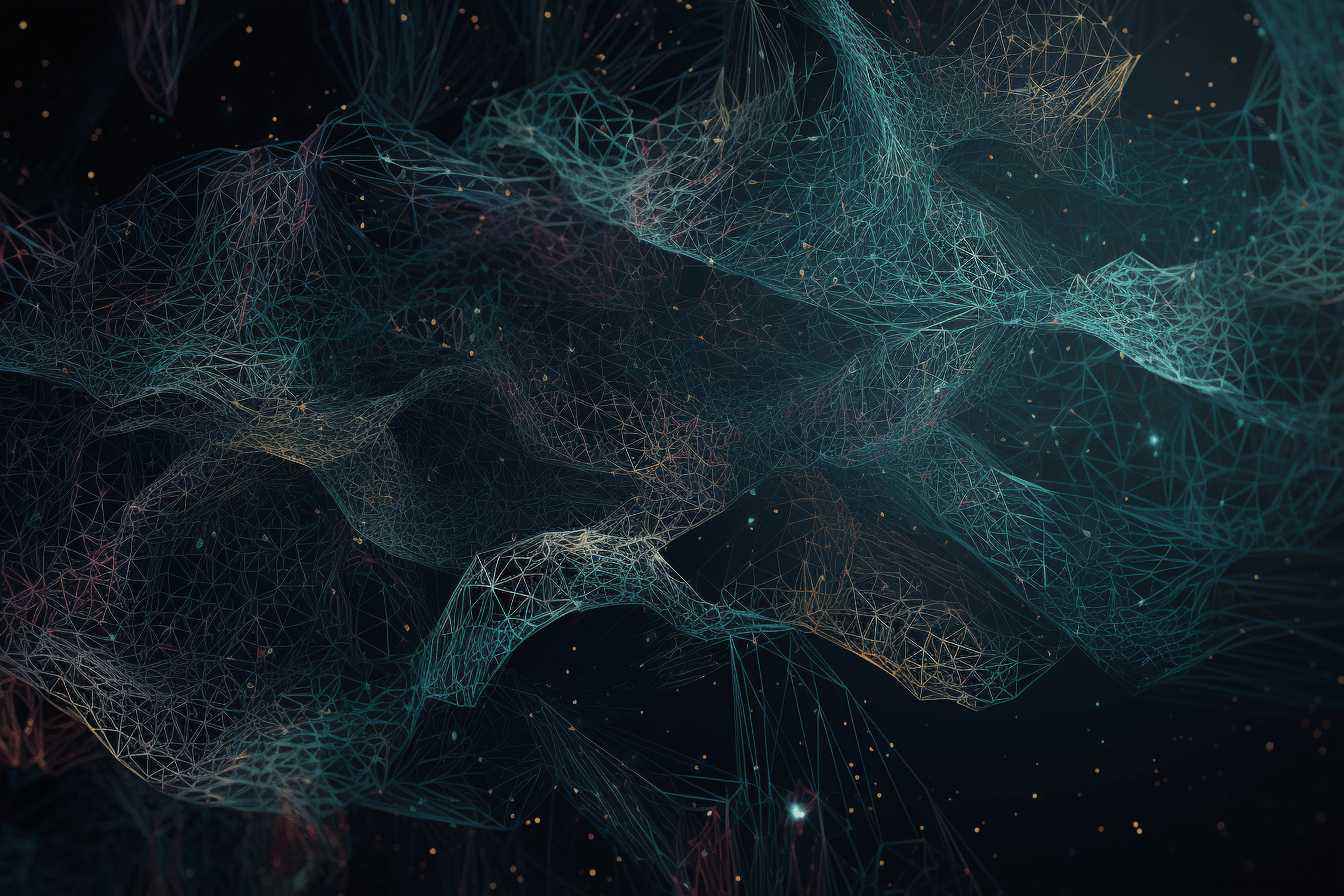 A wallpaper featuring an abstract illustration of an AI neural network, with intricate lines and a dark and technological color palette.