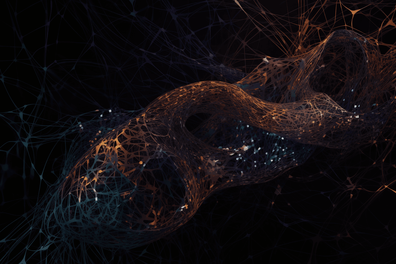 A wallpaper featuring an abstract illustration of an AI neural network, with intricate lines and a dark and technological color palette.