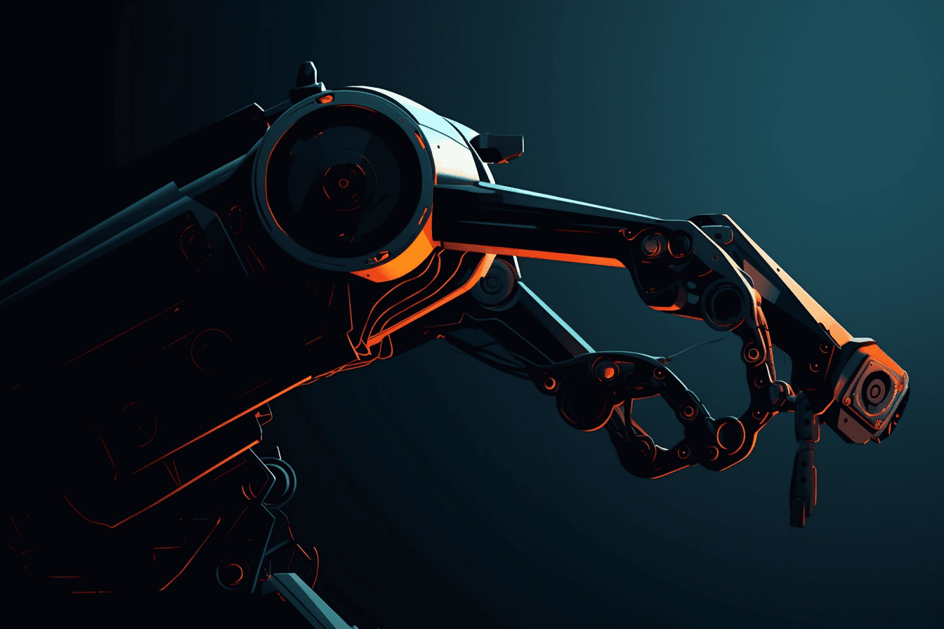 A wallpaper with a minimalist illustration of a robotic arm, against a background of dark and moody colors.