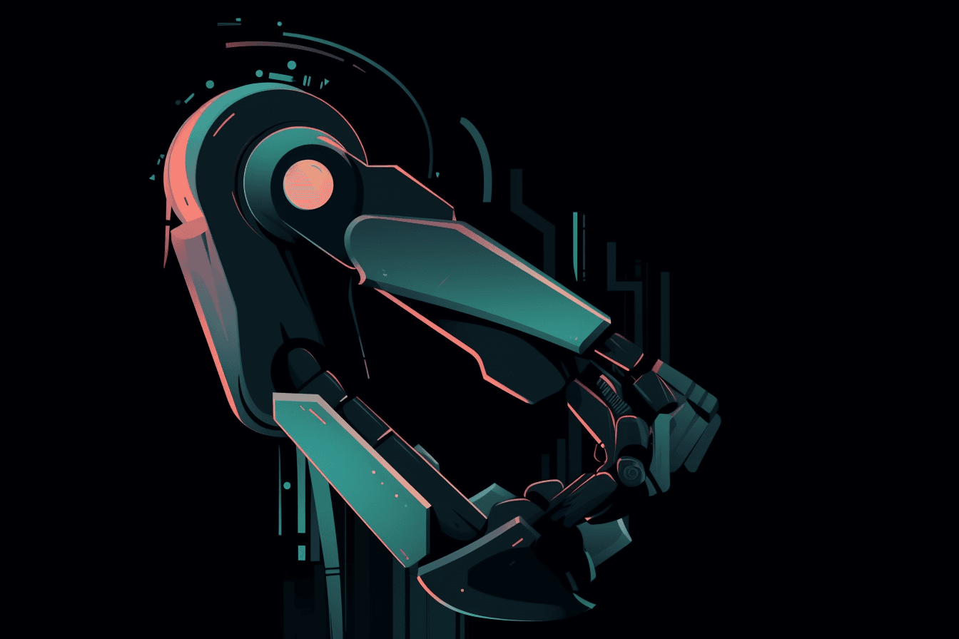 A wallpaper with a minimalist illustration of a robotic arm, against a background of dark and moody colors.