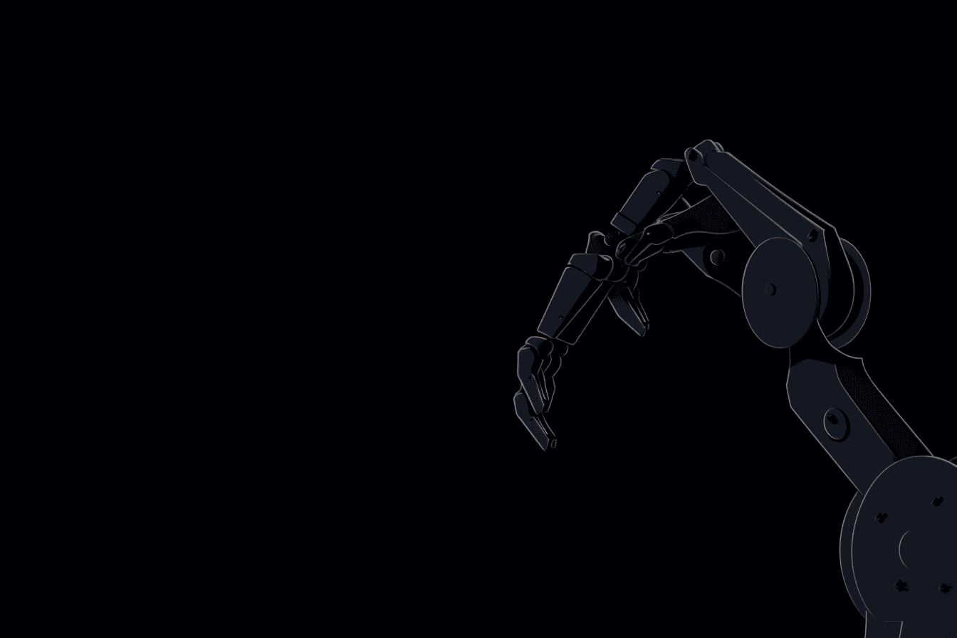 A wallpaper with a minimalist illustration of a robotic arm, against a background of dark and moody colors.