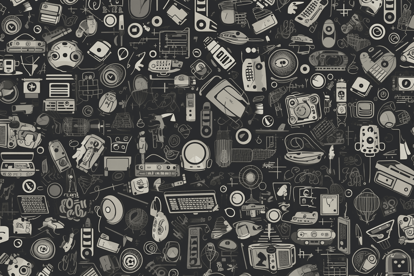 A wallpaper with a repeating pattern of abstract icons and symbols commonly used in the tech industry, such as computer chips and power buttons.