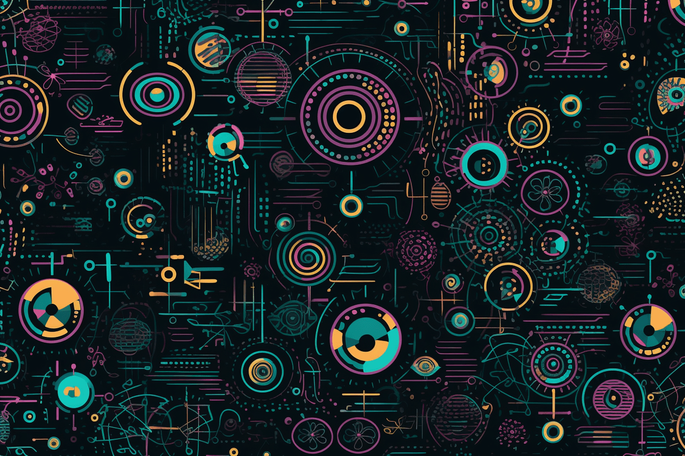 A wallpaper with a repeating pattern of abstract shapes inspired by computer viruses and malware, set against a black background.