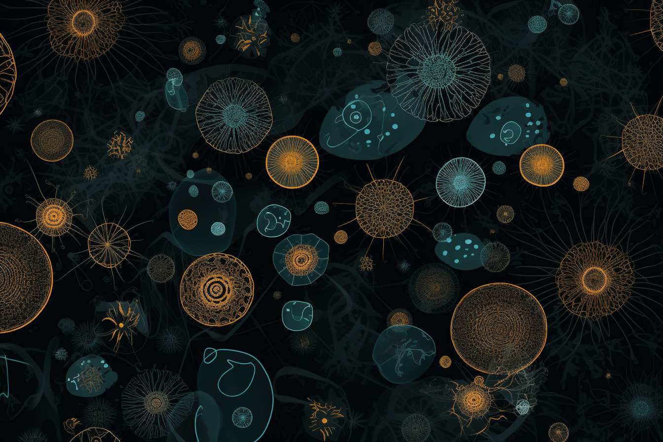 A wallpaper with a repeating pattern of abstract shapes inspired by computer viruses and malware, set against a black background.