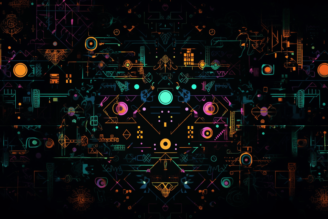 A wallpaper with a repeating pattern of abstract shapes inspired by computer viruses and malware, set against a black background.