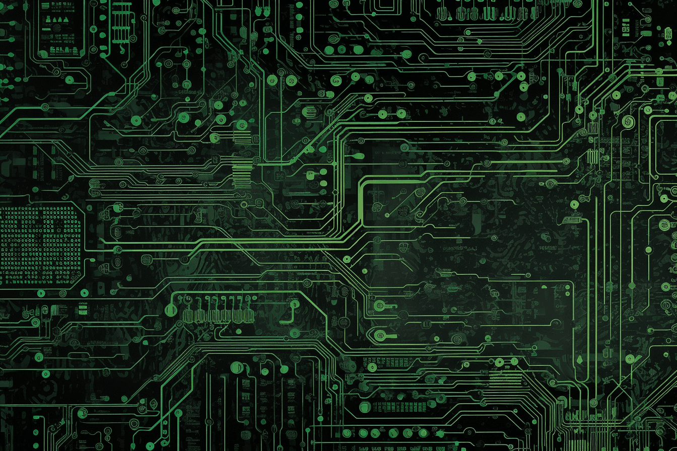 A wallpaper with a repeating pattern of circuit board components, in shades of black, grey, and neon green.