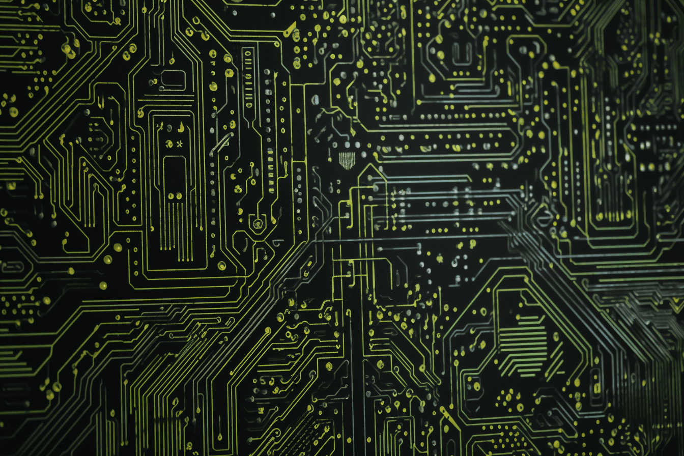 A wallpaper with a repeating pattern of circuit board components, in shades of black, grey, and neon green.