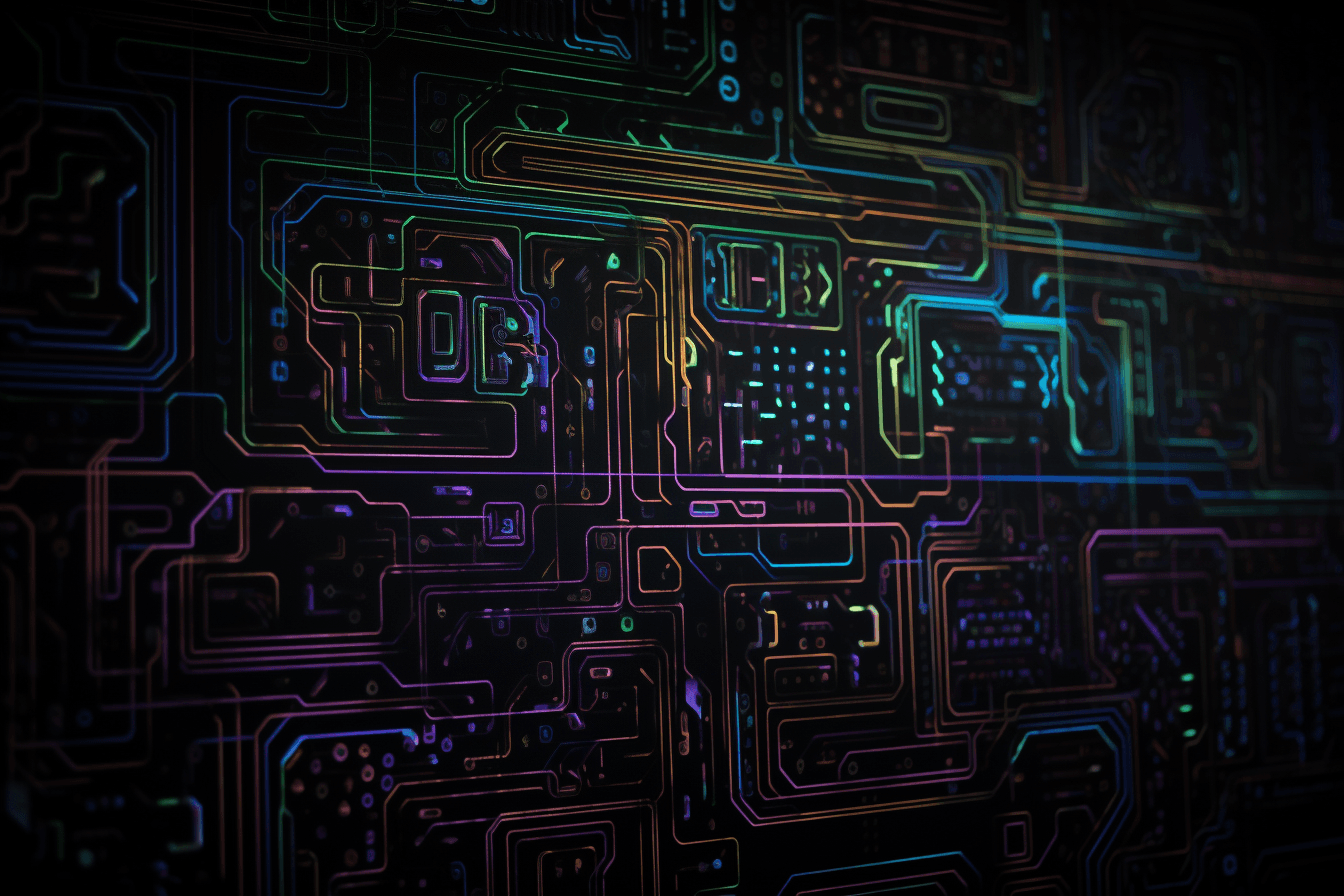 A wallpaper with a repeating pattern of neon-colored circuitry, set against a black background.