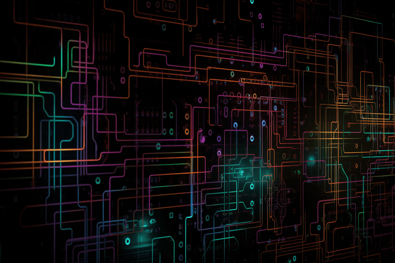 A wallpaper with a repeating pattern of neon-colored circuitry, set against a black background.