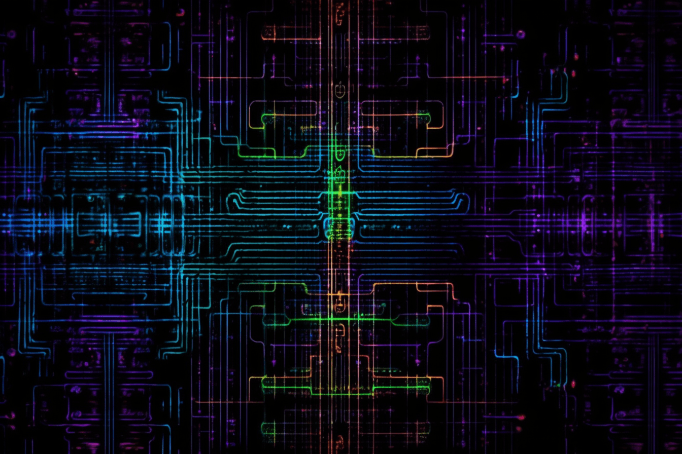 A wallpaper with a repeating pattern of neon-colored circuitry, set against a black background.