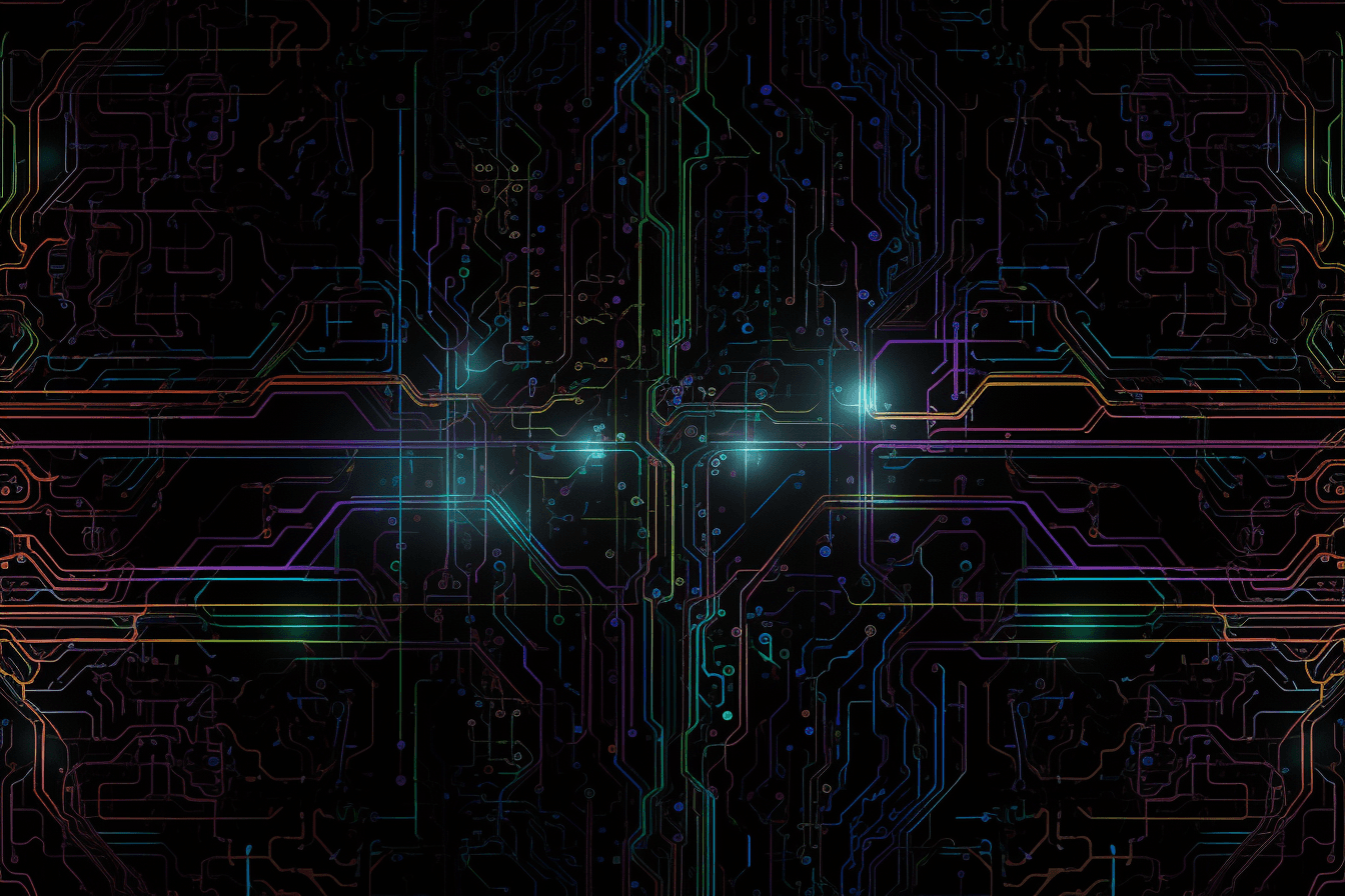 A wallpaper with a repeating pattern of neon-colored circuitry, set against a black background.