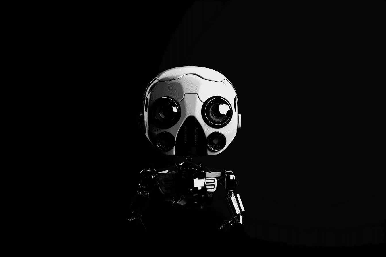 A wallpaper with a simple black and white graphic of a robot's head, against a solid colored background.