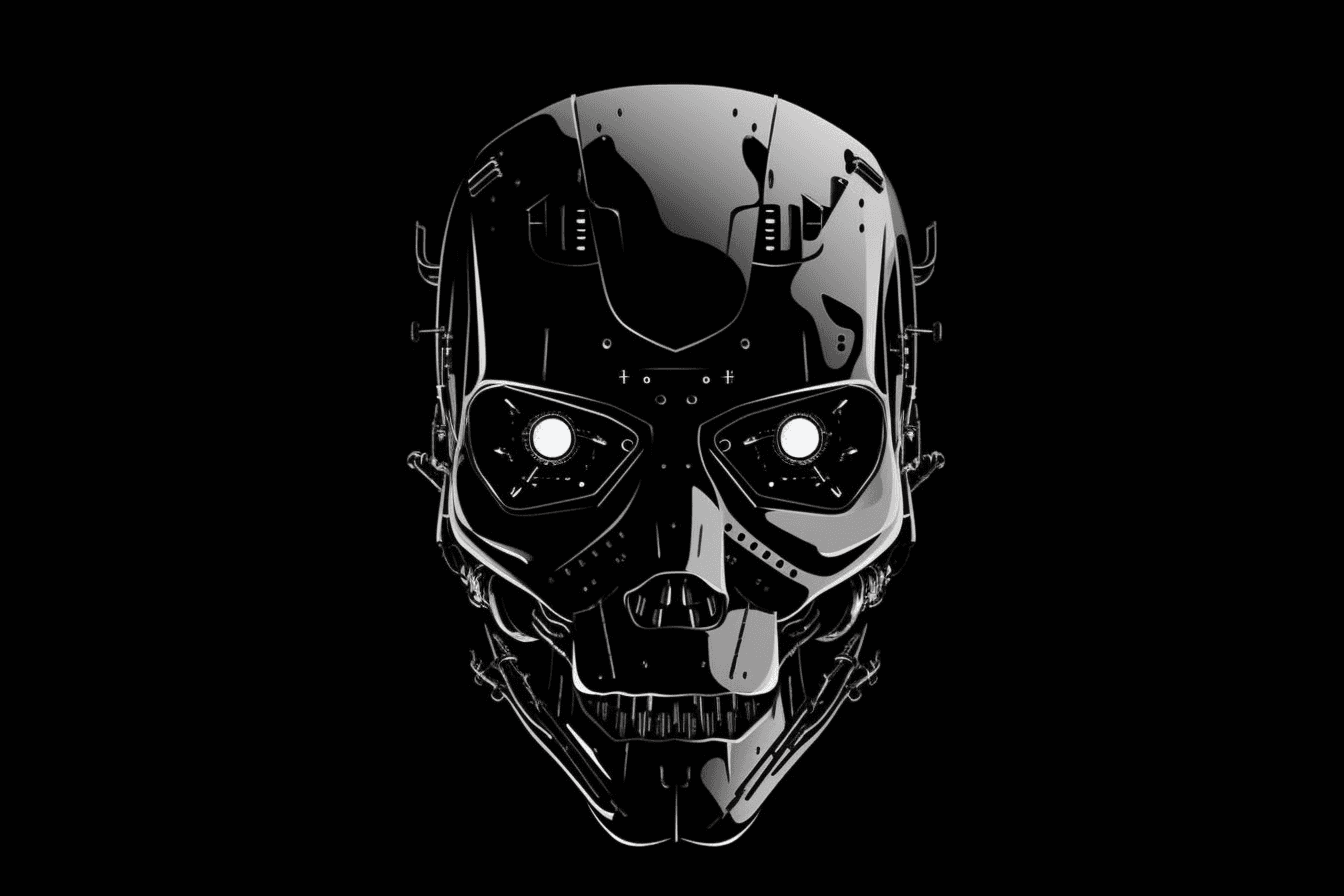 A wallpaper with a simple black and white graphic of a robot's head, against a solid colored background.