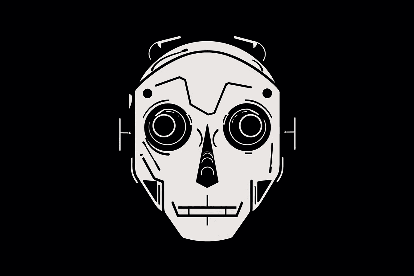 A wallpaper with a simple black and white graphic of a robot's head, against a solid colored background.