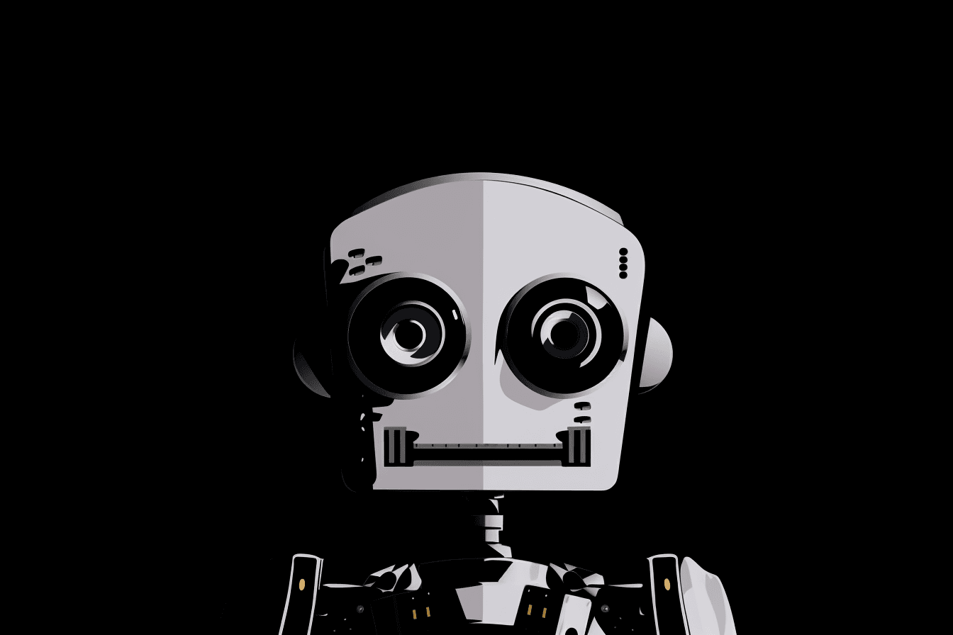 A wallpaper with a simple black and white graphic of a robot's head, against a solid colored background.