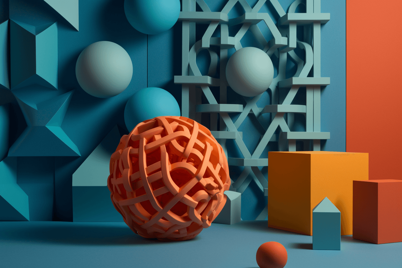 A wallpaper with a simple graphic of a 3D-printed object, against a background of geometric shapes in complementary colors.